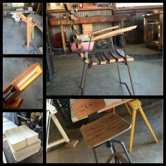 Petrified Design's Plover lamp, Plover lamp detail, bent pecan plywood, Cask chair, Tre bar stool prototype in walnut. 